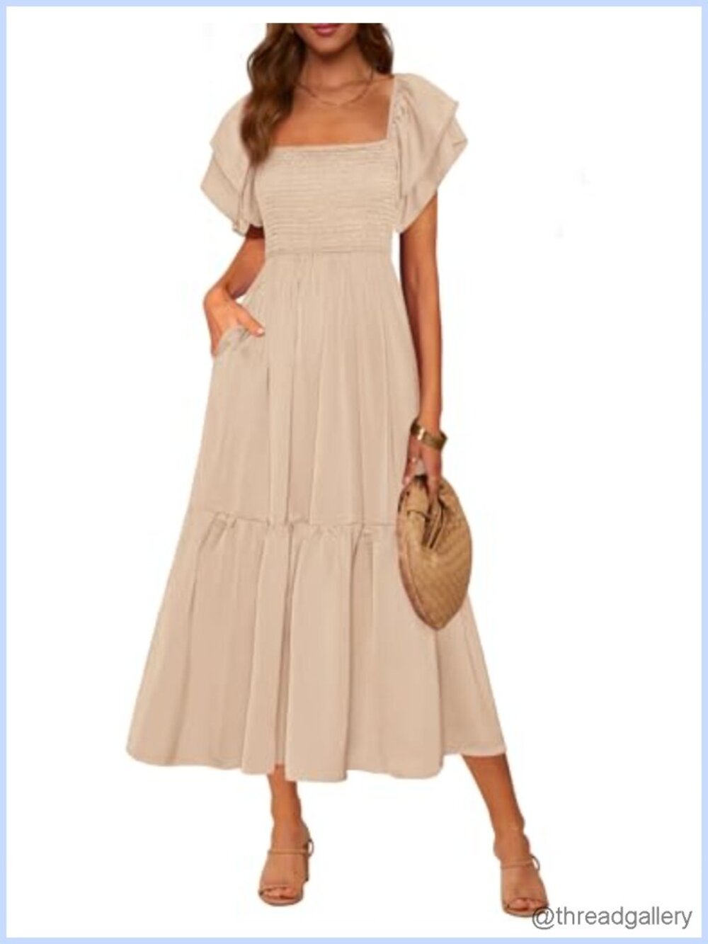 Womens Smocked Flowy Midi Dress Square Neck Ruffle Sleeve Casual